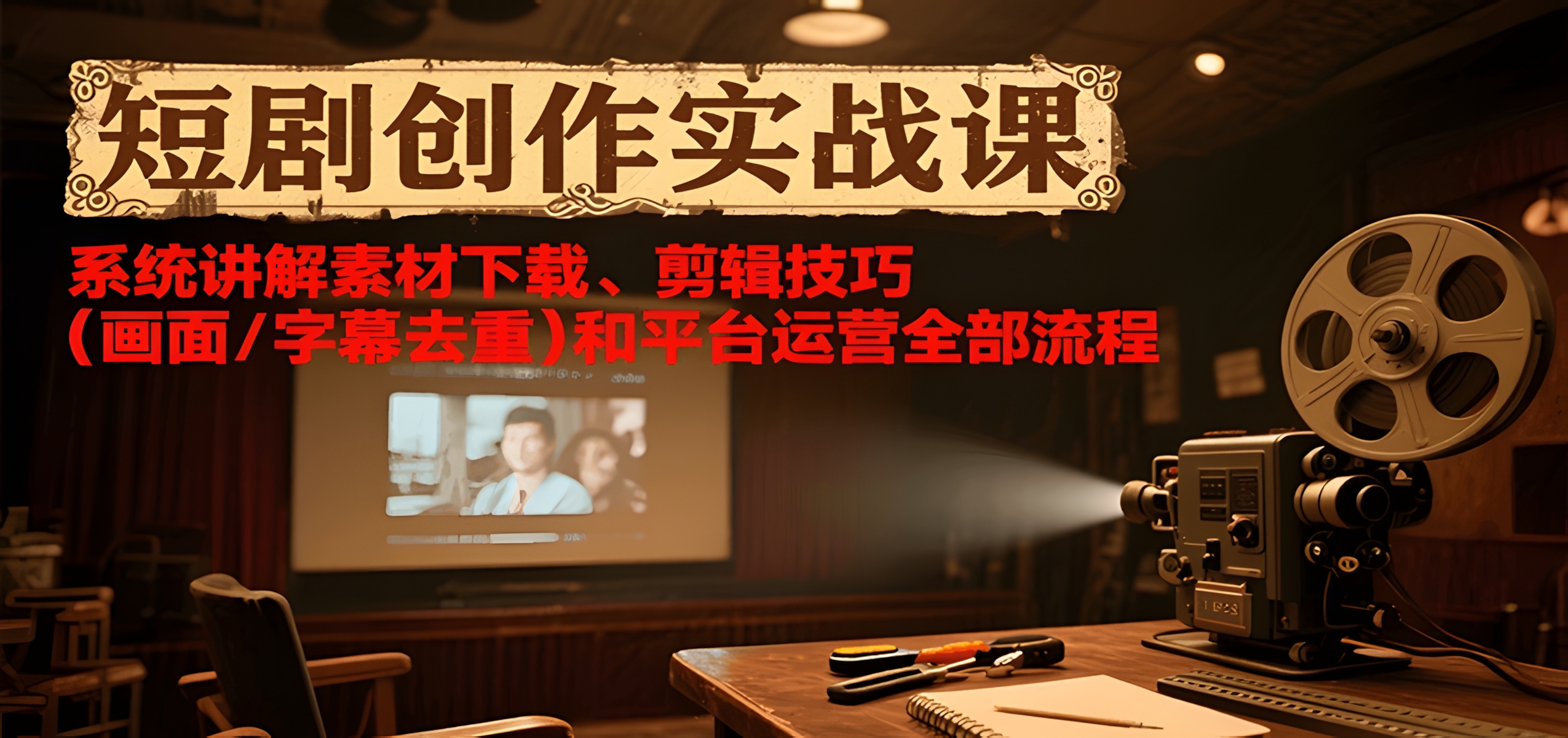 短剧创作实战课,系统讲解素材下载、剪辑技巧(画面/字幕去重)和平台运营全部流程