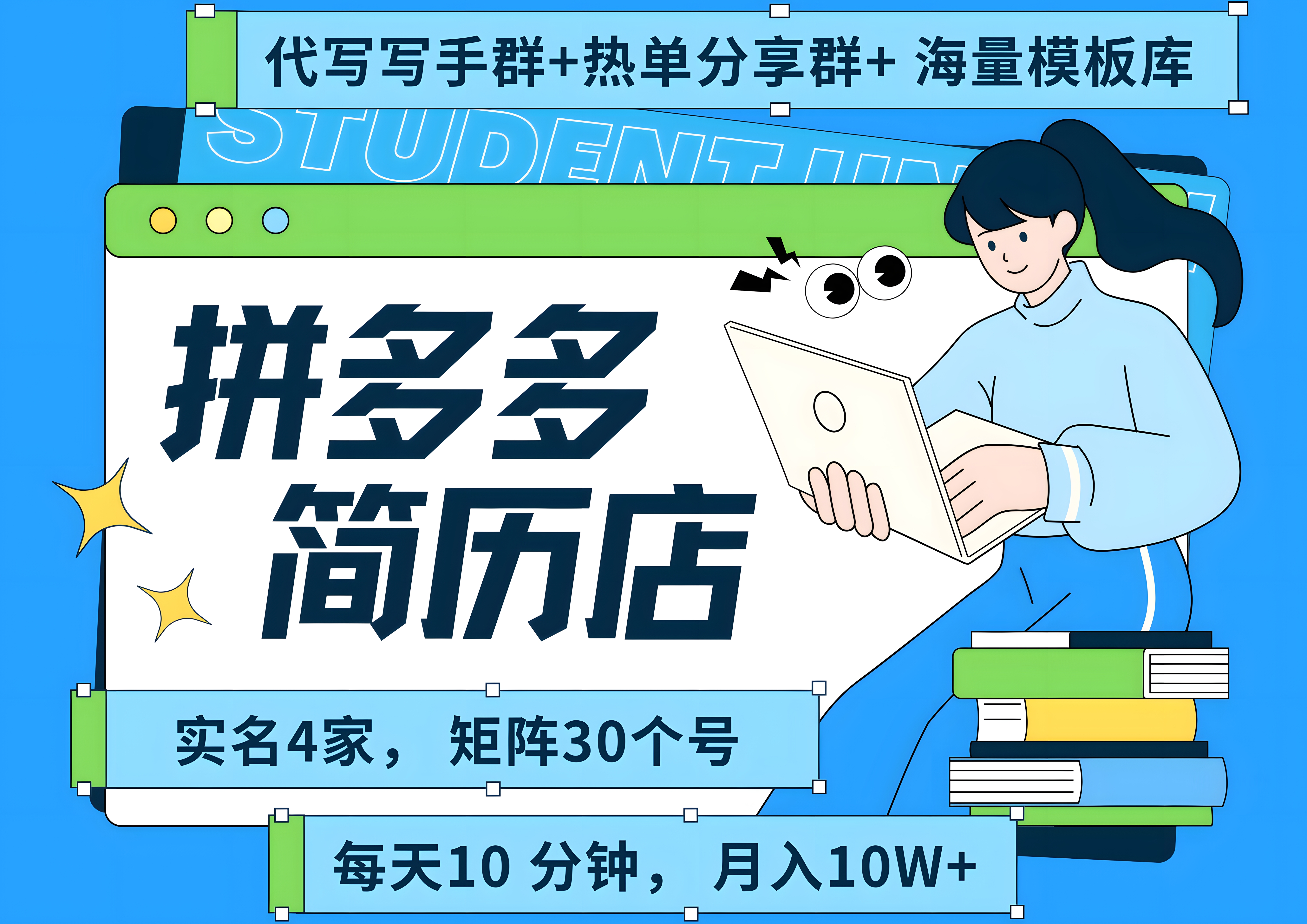 拼多多 虚拟资料 简历 海报代写 全SOP流程 毫无保留分享(含后端资料以及代写渠道)每天十分钟 每人实名四个店 矩阵30个账号 轻轻松松 月入10W