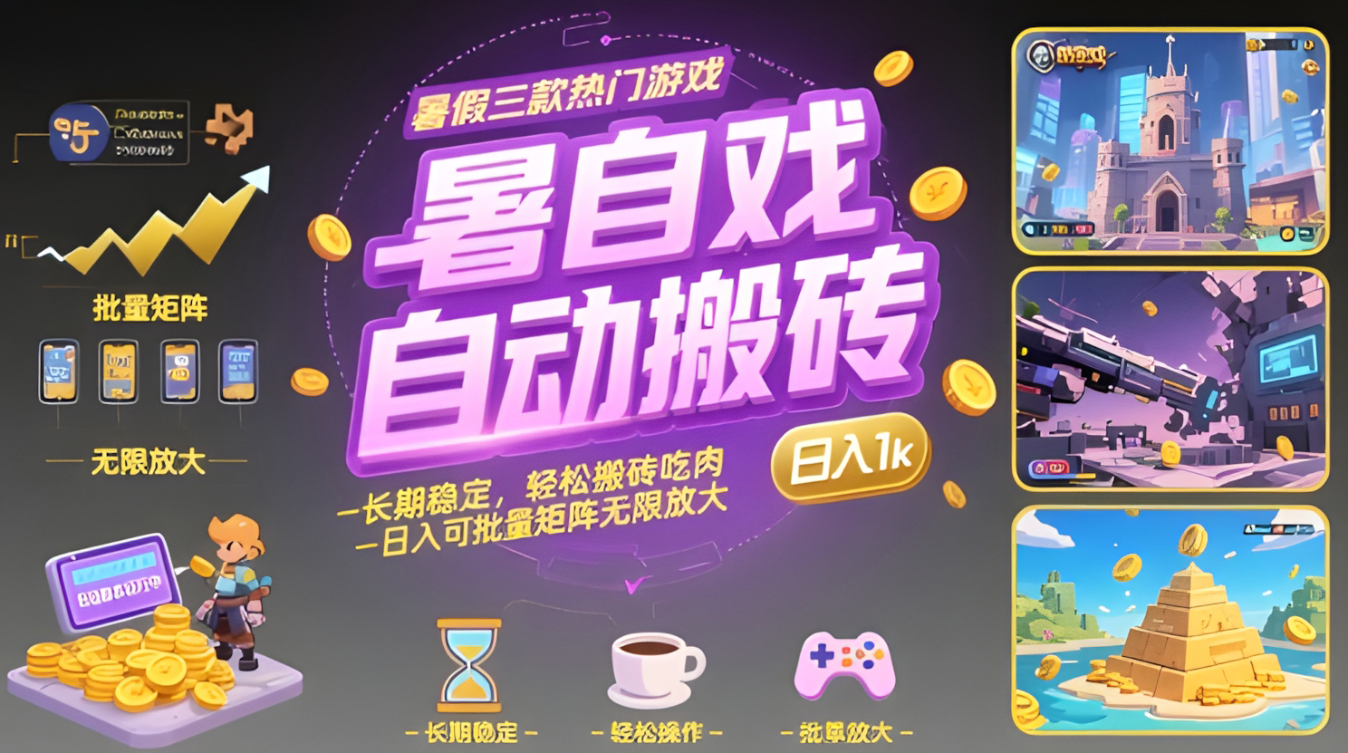 暑假三款热门游戏自动搬砖,长期稳定,轻松搬砖吃肉,日入1k ,可批量矩阵无限放大【揭秘】