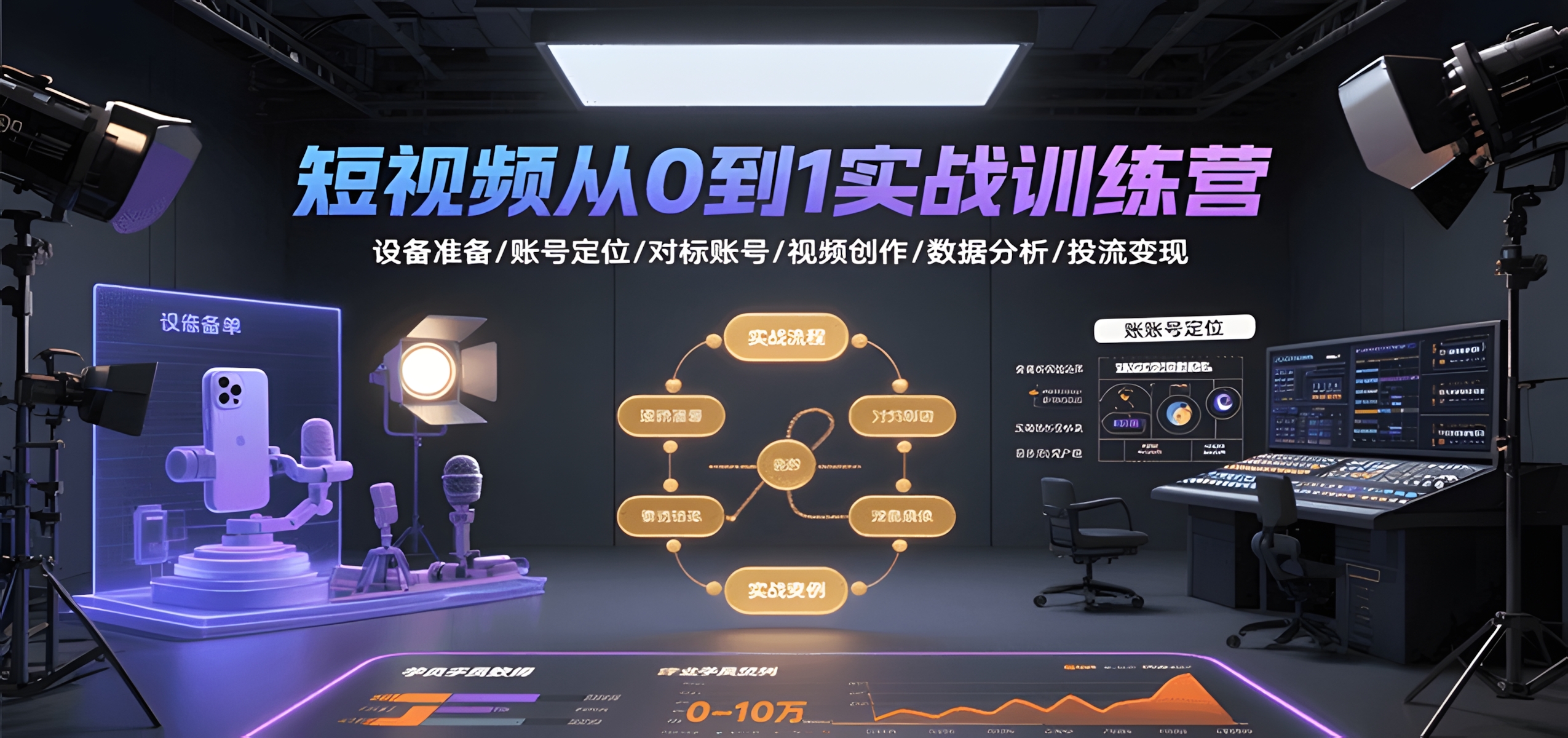 短视频从0到1实战训练营:设备准备/账号定位/对标账号/视频创作/数据分析/投流变现