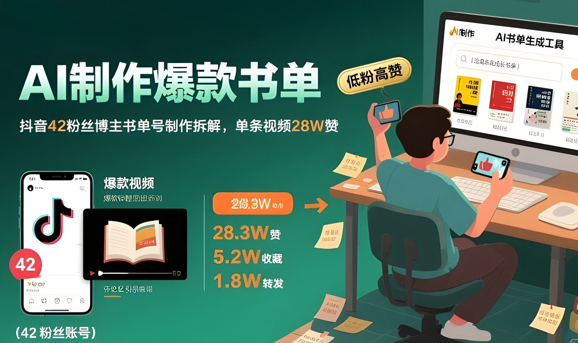 AI制作爆款书单,抖音42粉丝博主书单号制作拆解,单条视频28W赞