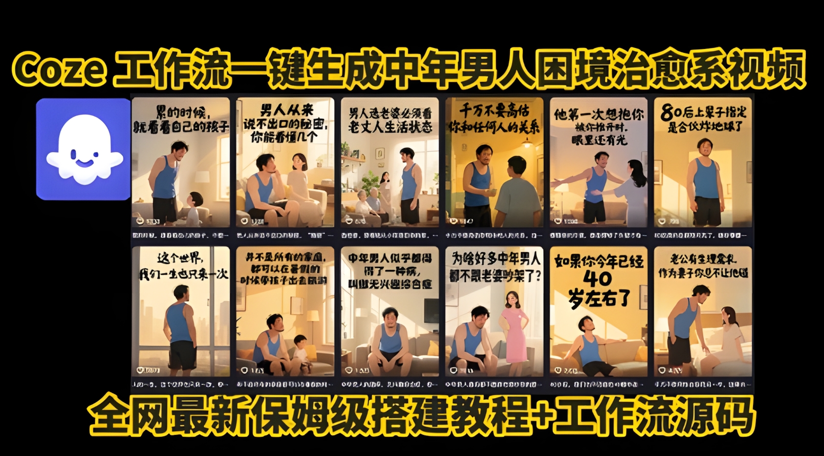 Coze工作流一键生成”中年男人困境扎心高涨粉高播放量图文视频”保姆级拆解教程,无需剪辑,无需拍摄写文案