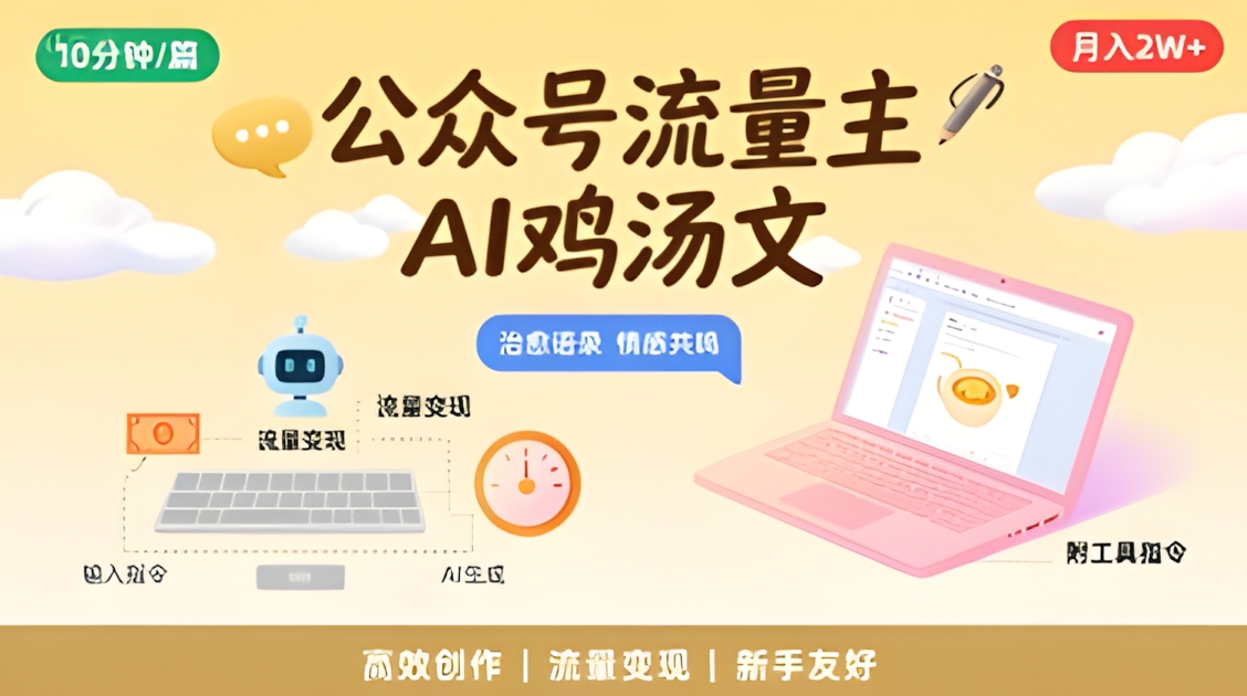 公众号流量主,用AI写鸡汤文,10分钟一篇,最高月入2W