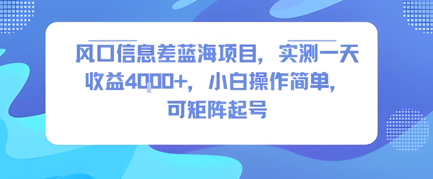 风口信息差蓝海项目,实测一天收益4k+,小白操作简单,可矩阵起号