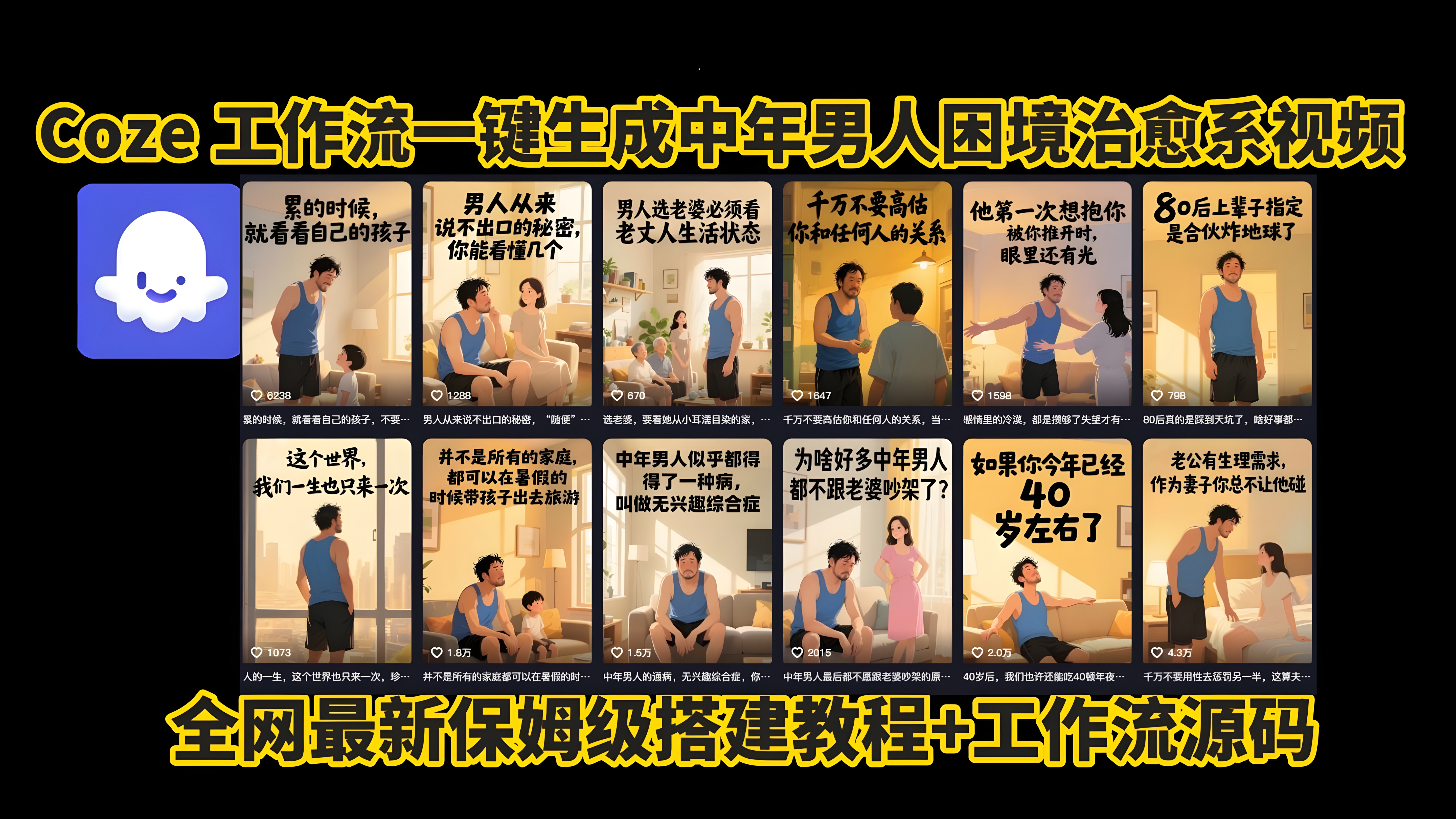 Coze工作流一键生成,中年男人困境扎心高涨粉高播放量图文视频,保姆级拆解教程,无需剪辑,无需拍摄写文案智能体拆解教程